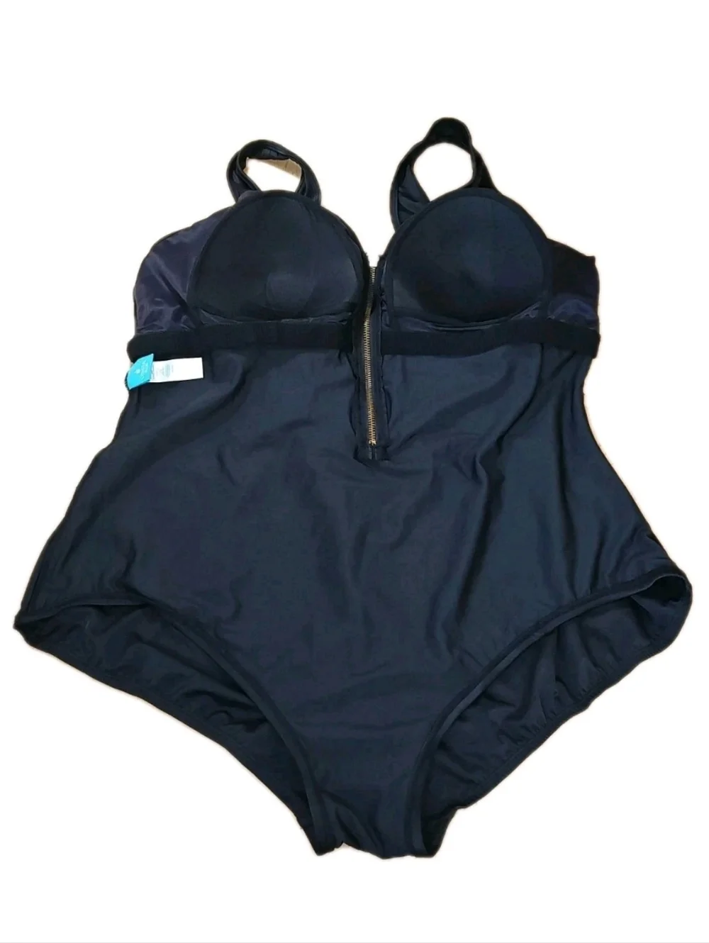 Coastal Blue Shirred Zip Front Swimsuit Sz 22/24W Black Wireless Tummy Control